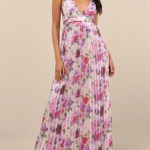 Morgana Pink Multi Floral Satin Pleated Maxi Dress - New with tags